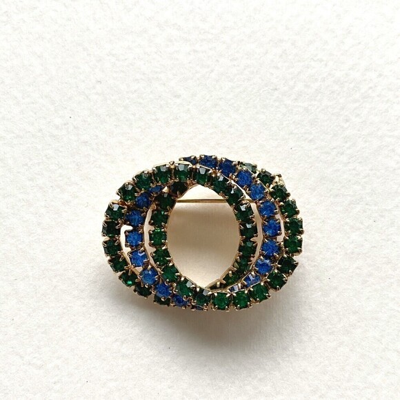 Vintage Brooch Blue Green Rhinestones Three Intertwined Circles Gold Tone Pin - Picture 3 of 3